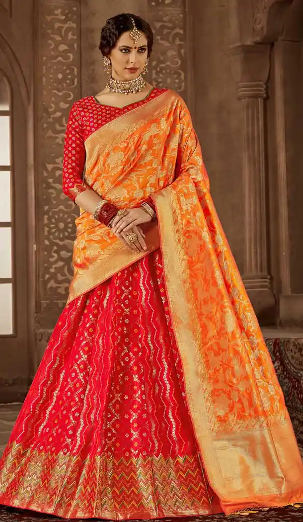 Pinkish Red Color Banarasi Silk Designer Wedding Lehenga Choli -686085802