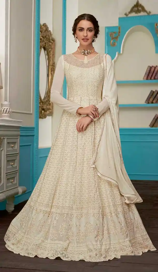 Cream Color Georgette Designer Abhaya Style Pakistani Salwar Kameez -497868004
