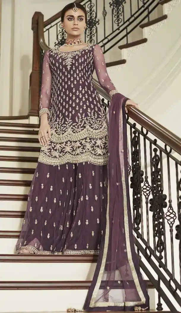 Gleaming Wine Color Net Designer Pakistani Sharara Salwar Kameez -498168025