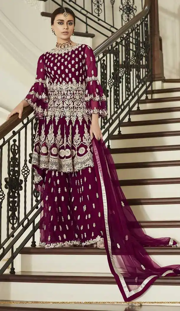 Achkan Magenta Color Net Designer Pakistani Sharara Salwar Kameez -498168027