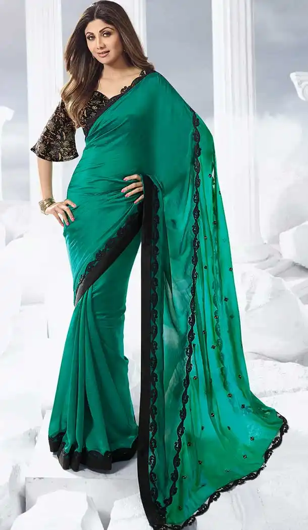 Green Color Satin Silk Party Wear Shilpa Shetty Kundra Saree Blouse -683885612