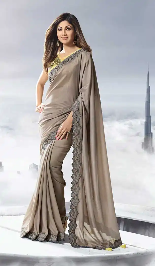 Grey Color Satin Silk Party Wear Shilpa Shetty Kundra Saree Blouse -683885613