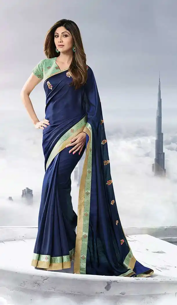 Blue Color Satin Silk Party Wear Shilpa Shetty Kundra Saree Blouse -683885614