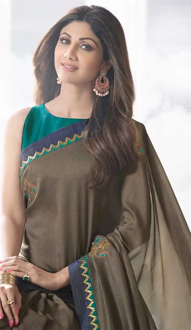 Copper Color Satin Silk Party Wear Shilpa Shetty Kundra Saree Blouse -683885616