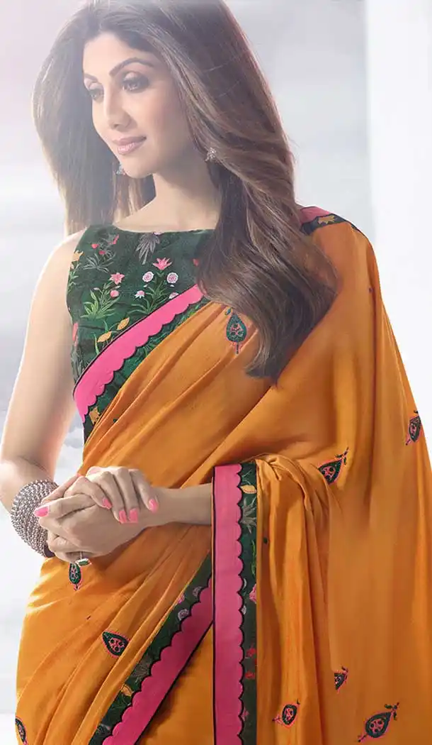 Orange Color Satin Silk Party Wear Shilpa Shetty Kundra Saree Blouse -683885617