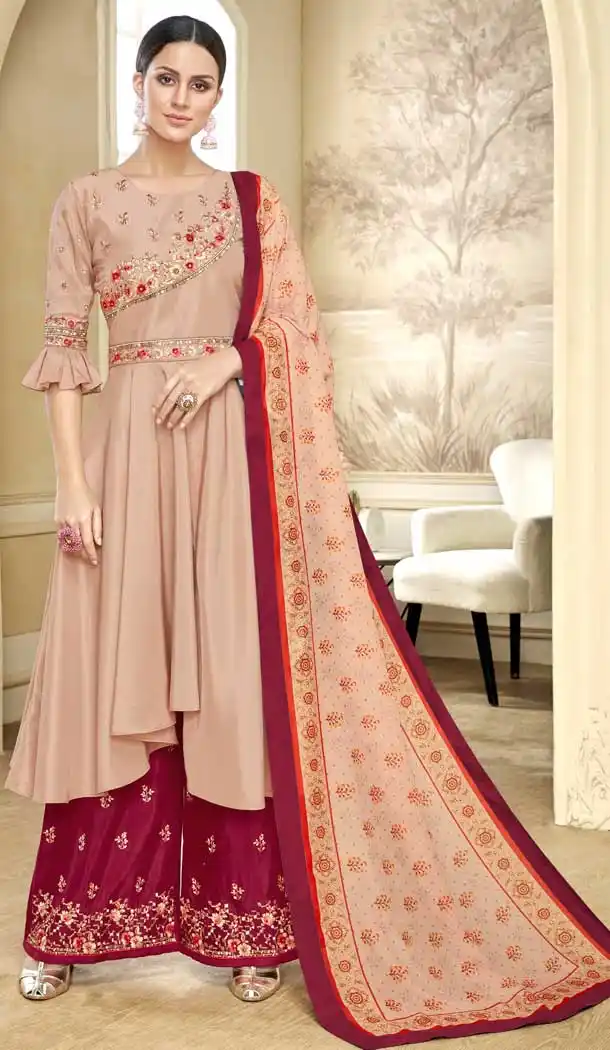 Beige Color Maslin Designer Maslin Palazzo Readymade Salwar Suit -686985864