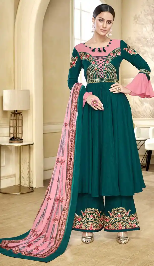 Green Color Maslin Designer Maslin Palazzo Readymade Salwar Suit -686985865