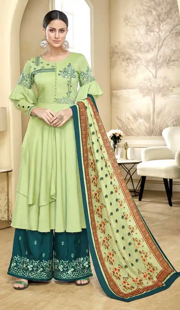 Pista Green Color Maslin Designer Maslin Palazzo Readymade Salwar Suit -686985866