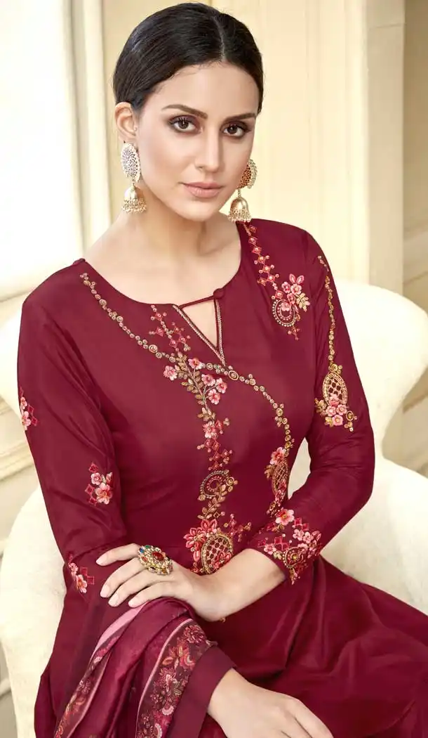 Maroon Color Maslin Designer Maslin Palazzo Readymade Salwar Suit -686985867