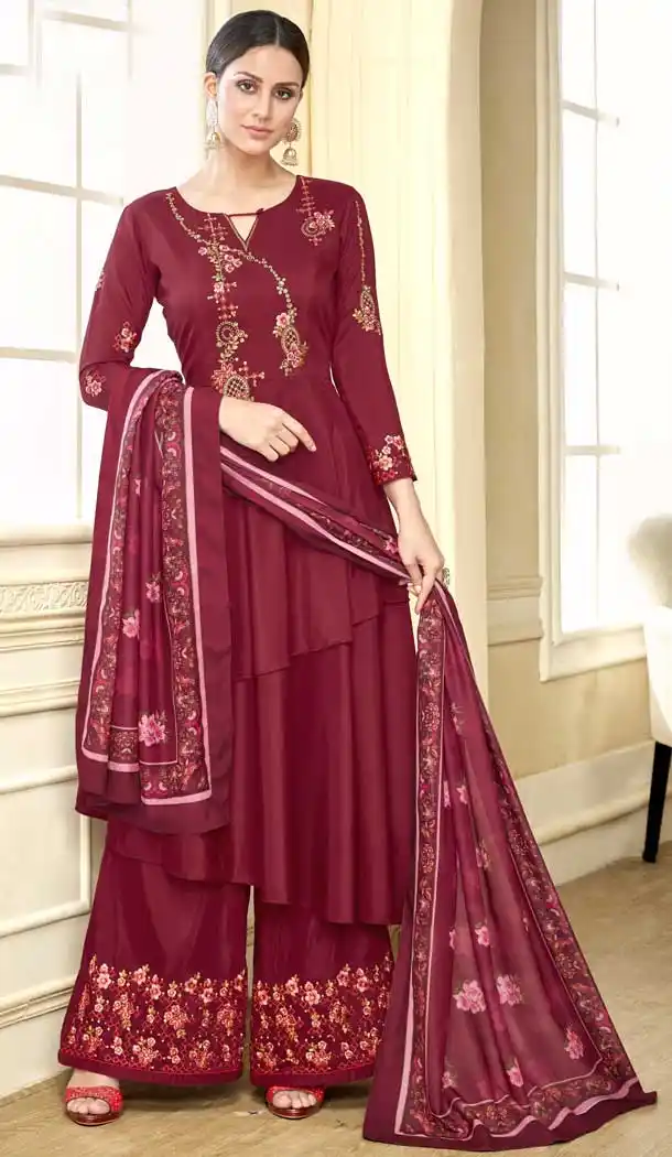 Maroon Color Maslin Designer Maslin Palazzo Readymade Salwar Suit -686985867