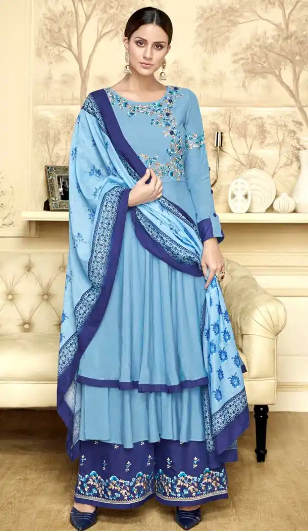 Light Blue Color Maslin Designer Maslin Palazzo Readymade Salwar Suit -686985868