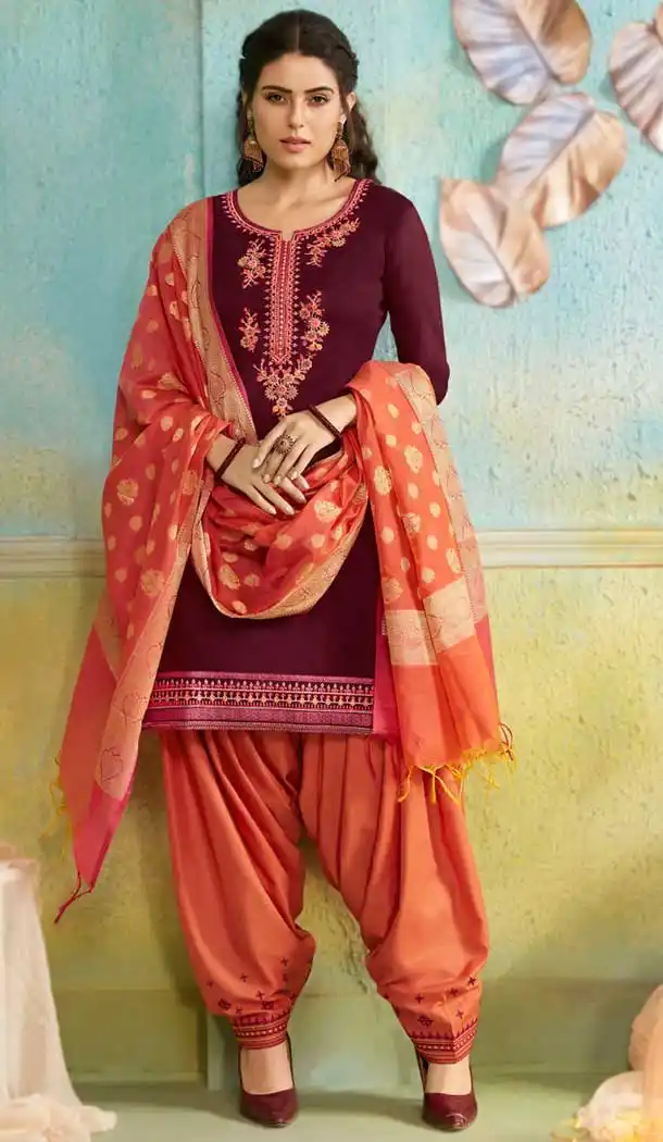 Maroon Color Chanderi Casual Party Wear Punjabi Salwar Kameez -687485907