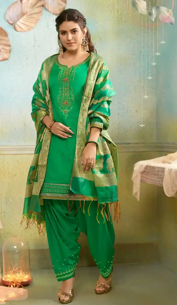 Attractive Green Color Chanderi Casual Party Wear Punjabi Salwar Kameez -687485908
