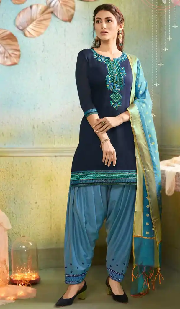 Navy Blue Color Chanderi Casual Party Wear Punjabi Salwar Kameez -687485910