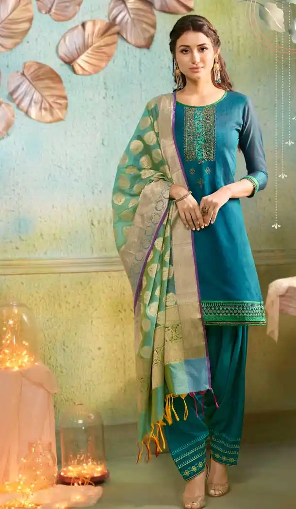 Turquoise Color Chanderi Casual Party Wear Punjabi Salwar Kameez -687485911