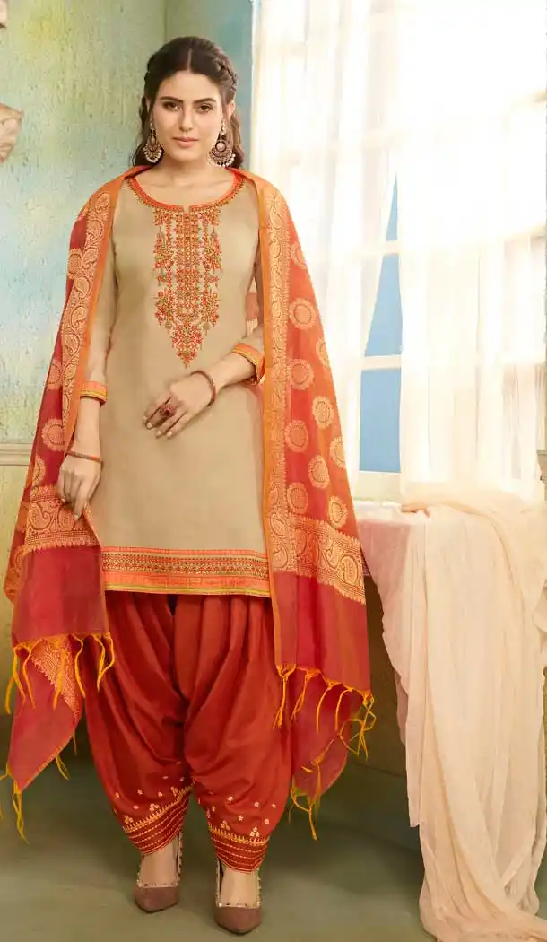 Fascinating Beige Color Chanderi Casual Party Wear Punjabi Salwar Kameez -687485914