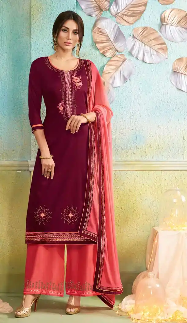 Exotic Maroon Color Jam Silk Cotton Casual Party Wear Palazzo Suit -687585916