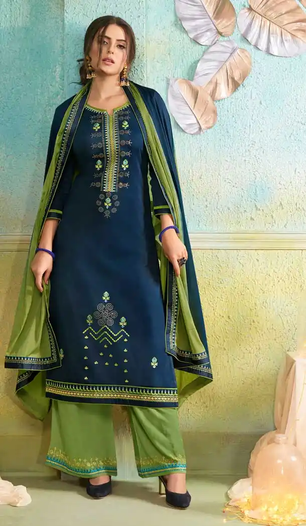 Aesthetic Navy Blue Color Jam Silk Cotton Casual Party Wear Palazzo Suit -687585917
