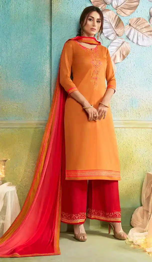 Gleaming Orenge Color Jam Silk Cotton Casual Party Wear Palazzo Suit -687585918