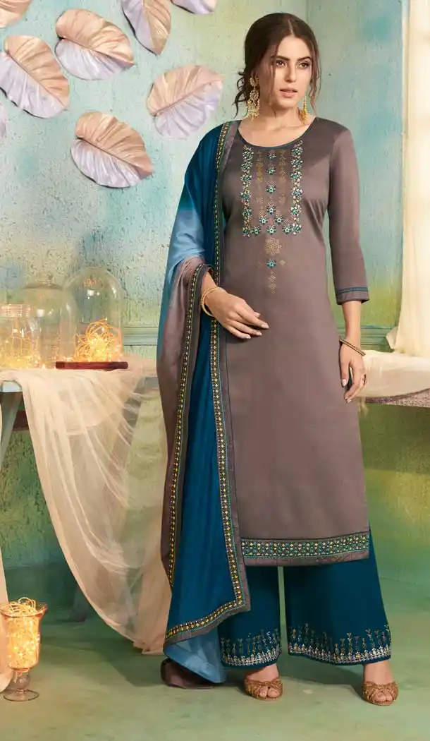 Unique Grey Color Jam Silk Cotton Casual Party Wear Palazzo Suit -687585920