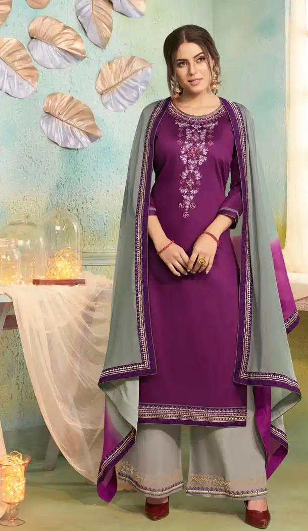 Aesthetic Purple Color Jam Silk Cotton Casual Party Wear Palazzo Suit -687585922