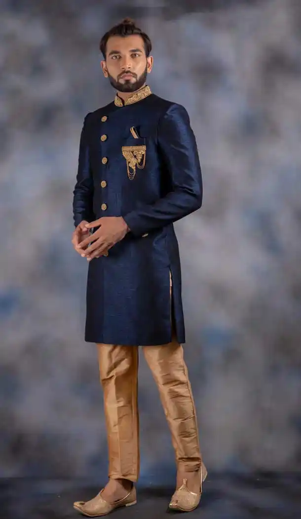 Navy Blue Color Imported Readymade Designer Indo Western Men Sherwani -630578532
