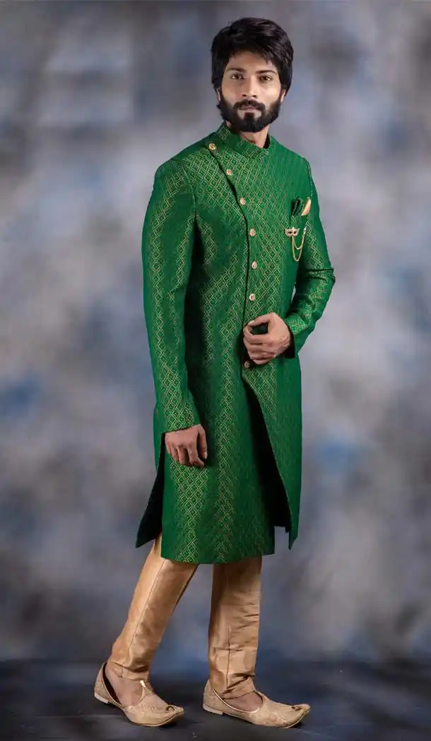 Green Color Jacquard Readymade Designer Indo Western Men Sherwani -630578539