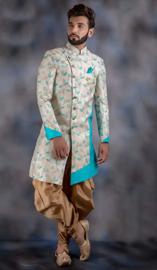 Cream Sky Blue Color Imported Readymade Designer Indo Western Men Sherwani -630578541