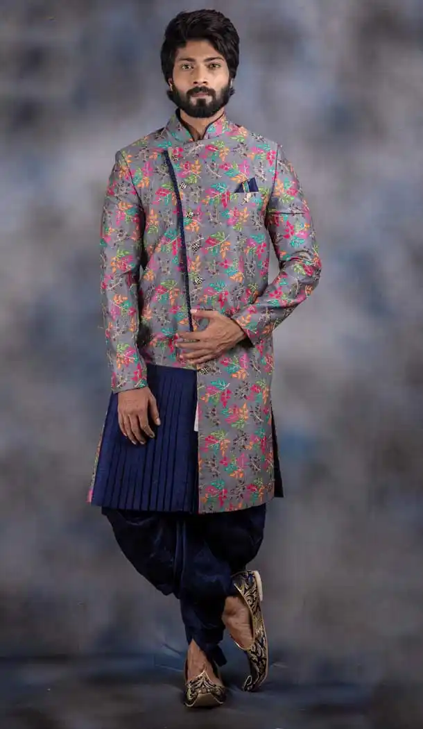 Grey Color Jacquard Readymade Designer Indo Western Men Sherwani -630578542