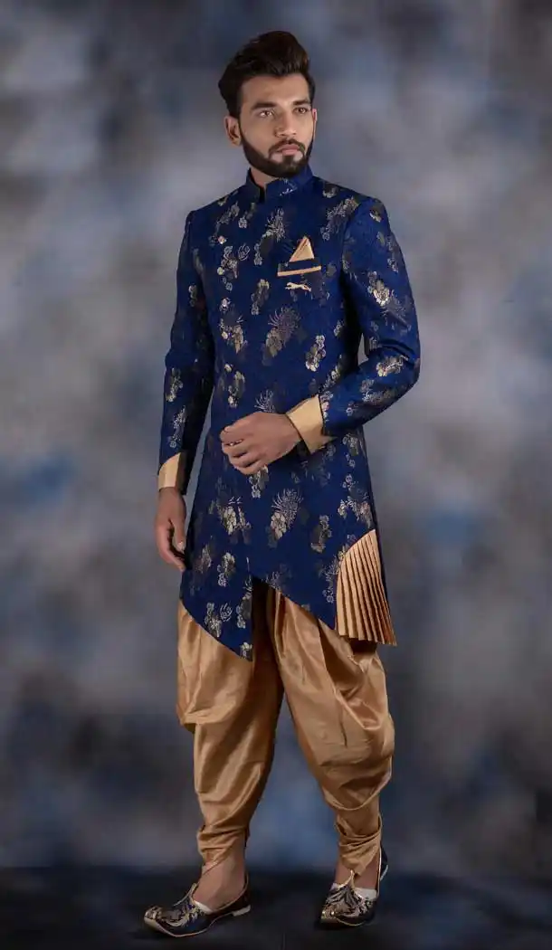 Blue Color Jacquard Readymade Designer Indo Western Men Sherwani -630578545