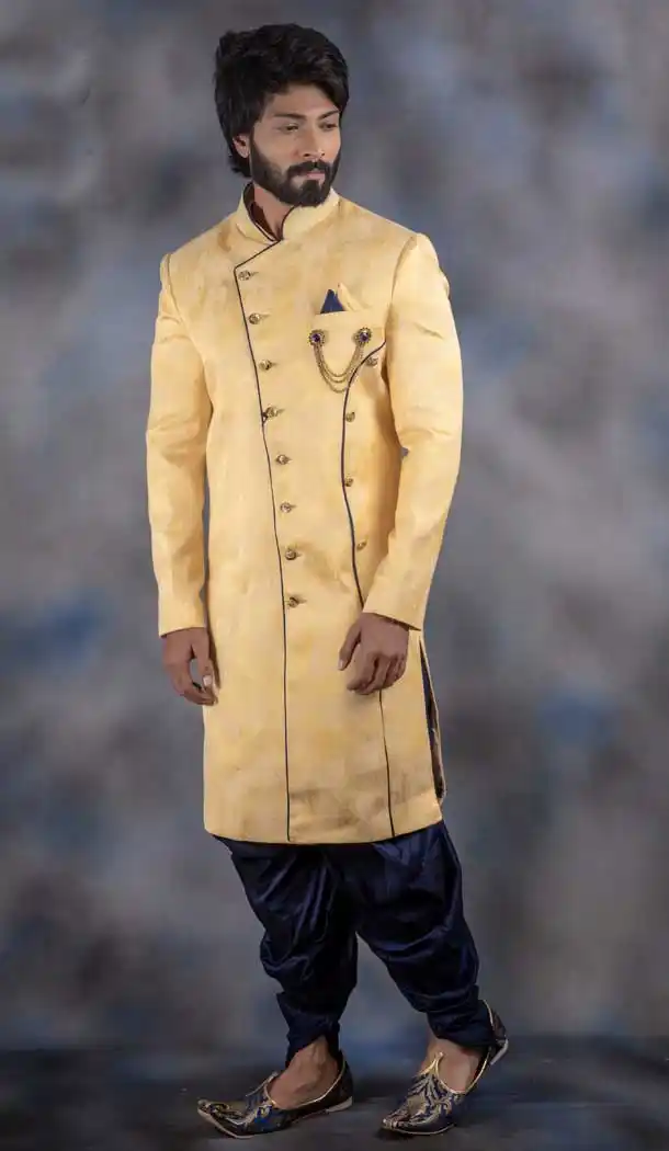 Cream Color Jacquard Readymade Designer Indo Western Men Sherwani -630578546