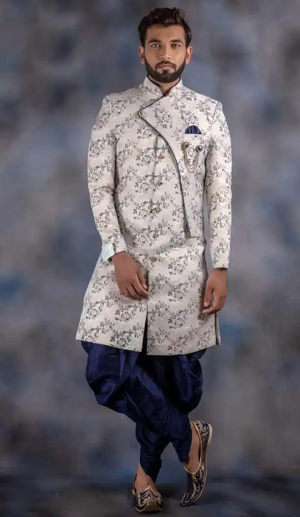 Off White Color Jacquard Readymade Designer Indo Western Men Sherwani -630578553