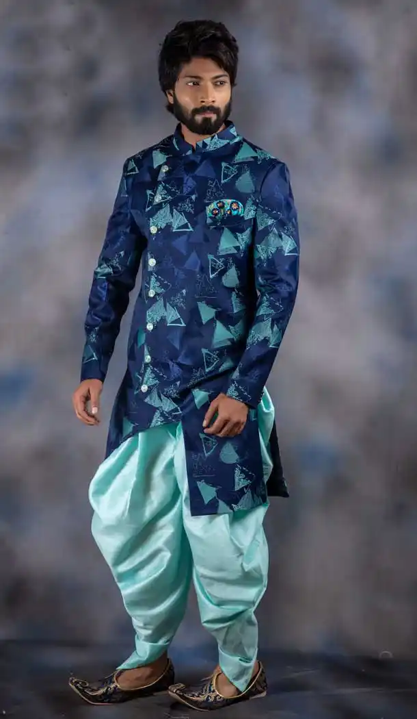 Blue Color Jacquard Readymade Designer Indo Western Men Sherwani -630578554