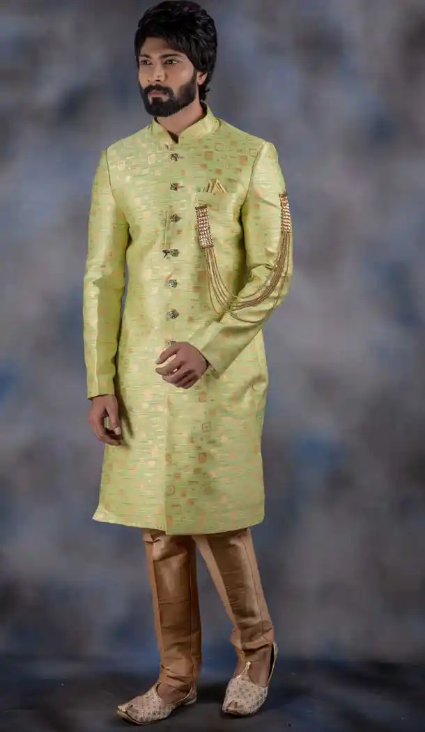 Olive Color Jacquard Readymade Designer Indo Western Men Sherwani -630578555