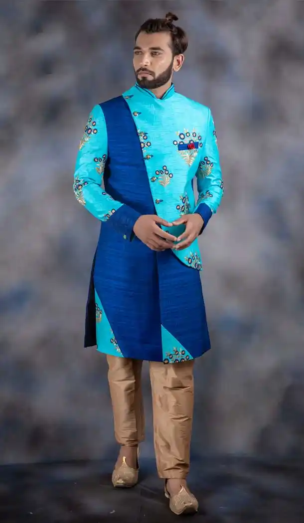 Blue Color Jacquard Readymade Designer Indo Western Men Sherwani -630578557