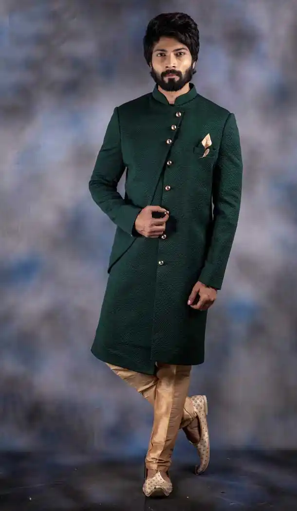 Forest Green Color Imported Readymade Designer Indo Western Men Sherwani -630578559