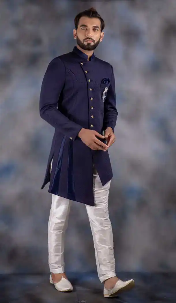 Fascinating Blue Color Imported Readymade Designer Indo Western Men Sherwani -630578560