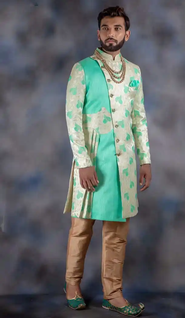 Aqua Color Jacquard Readymade Designer Indo Western Men Sherwani -630578561