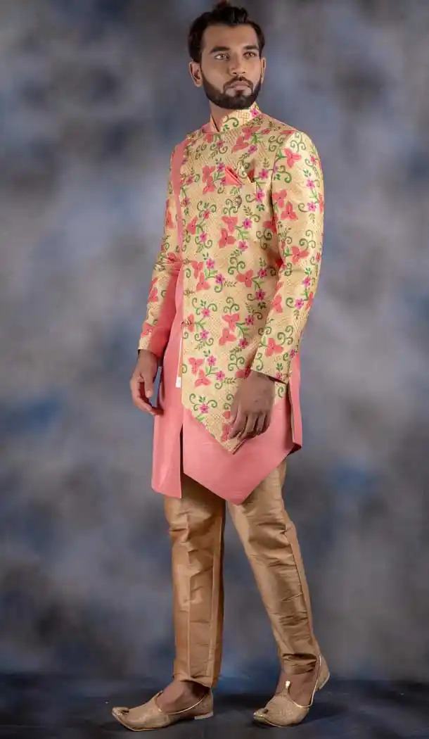 Cream Peach Color Jacquard Readymade Designer Indo Western Men Sherwani -630578564