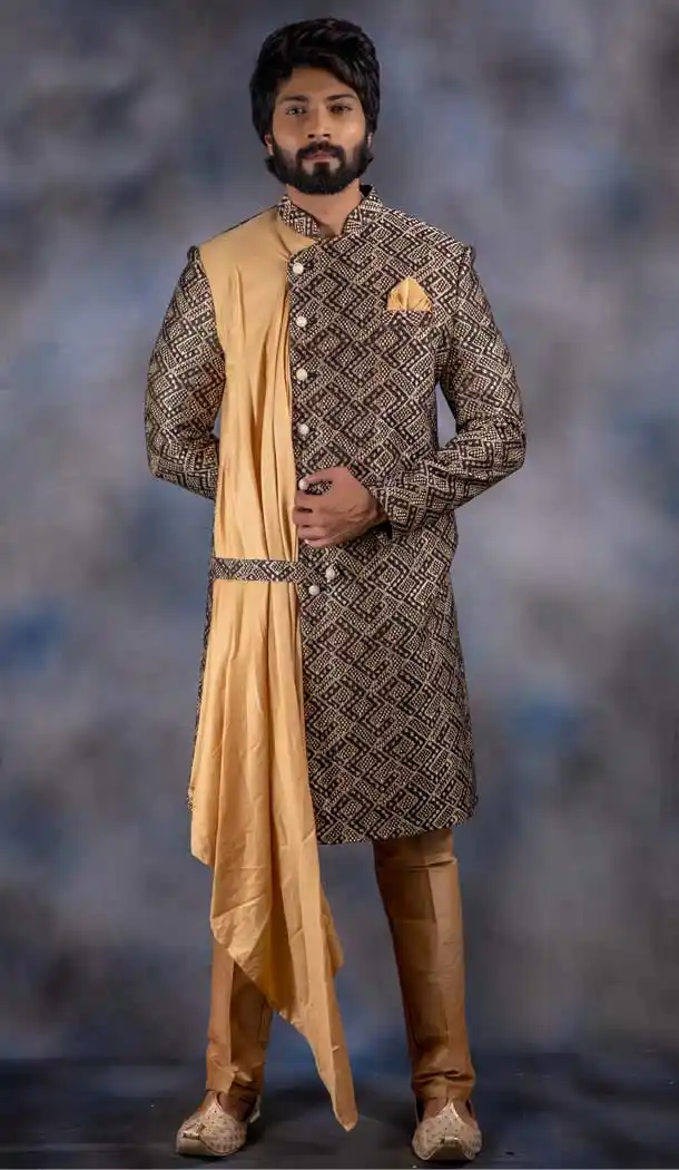 Cream Multi Color Imported Readymade Designer Indo Western Men Sherwani -630578566