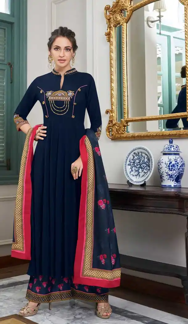 Enigmatic Navy Blue Color Maslin Party Wear Readymade Palazzo Suit -689786190