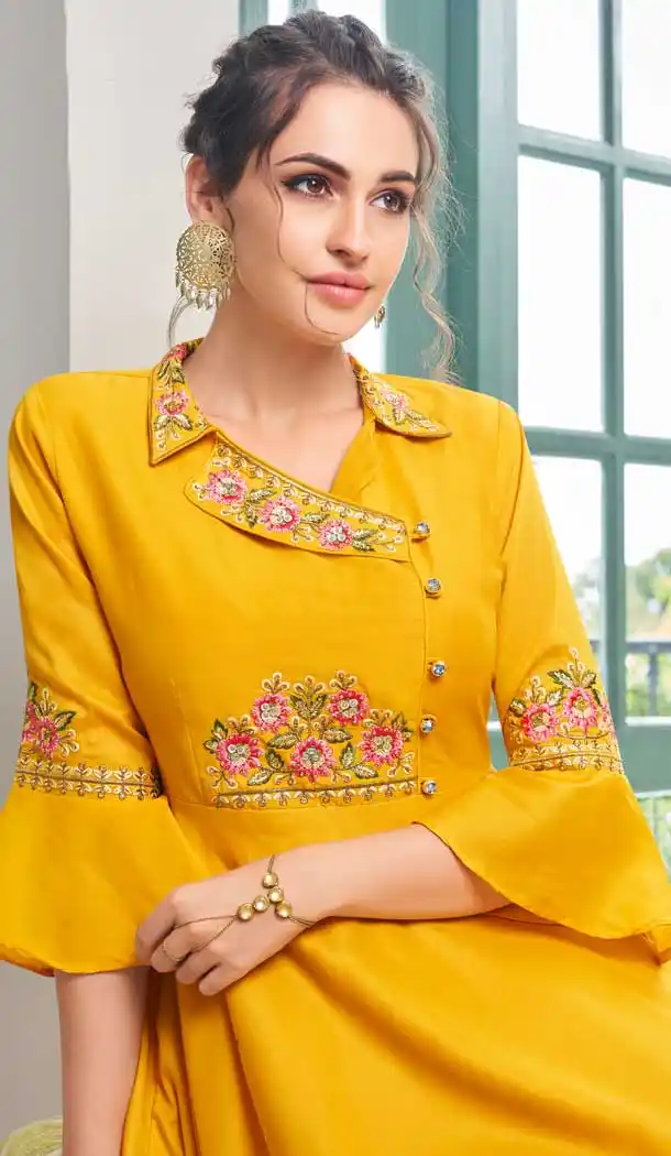 Luscious Yellow Color Maslin Party Wear Readymade Palazzo Suit -689786192