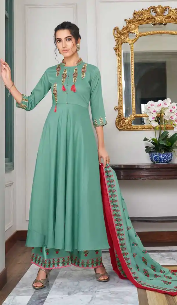 Sea Green Color Maslin Party Wear Readymade Palazzo Suit -689786194