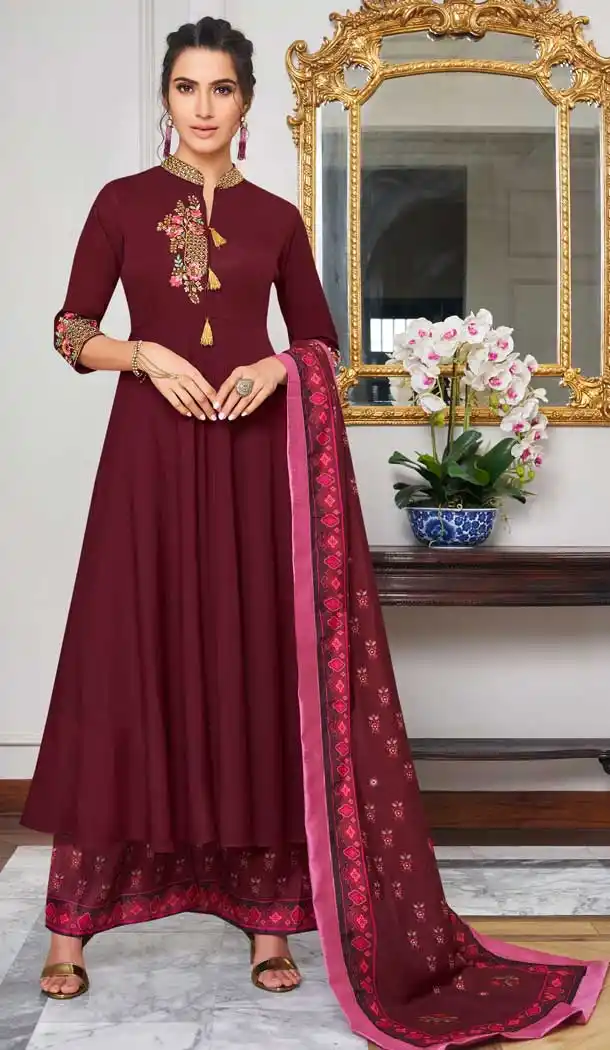 Unique Maroon Color Maslin Party Wear Readymade Palazzo Suit -689786195