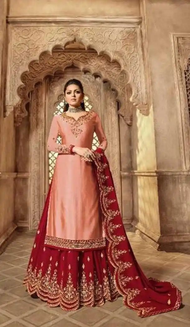 Peach Color Satin Georgette Celebrity Drashti Dhami Lehenga Suit -690686272