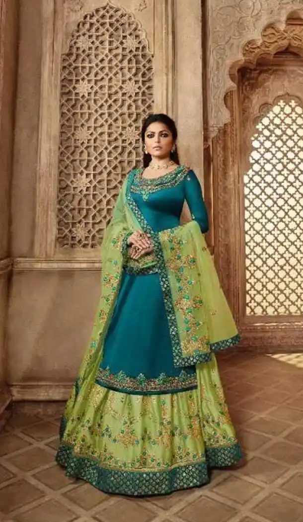 Mesmerizing Blue Color Satin Georgette Celebrity Drashti Dhami Lehenga Suit -690686275