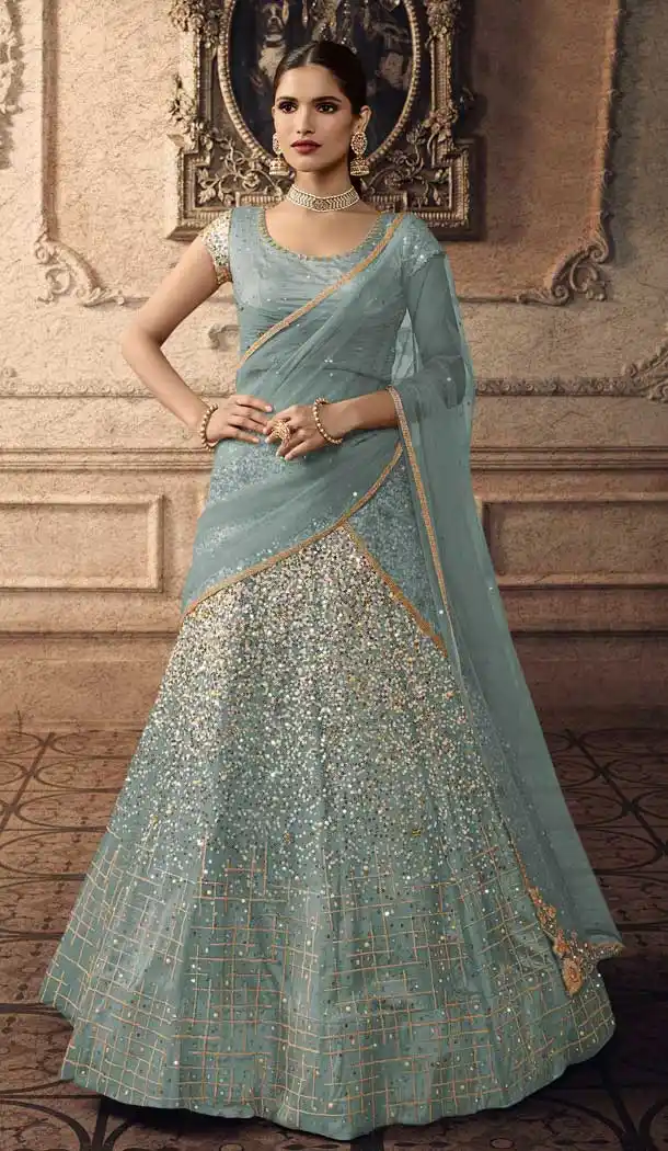 Stylish Sea Blue Color Net Designer Wedding Bridal Lehenga Choli -692686444