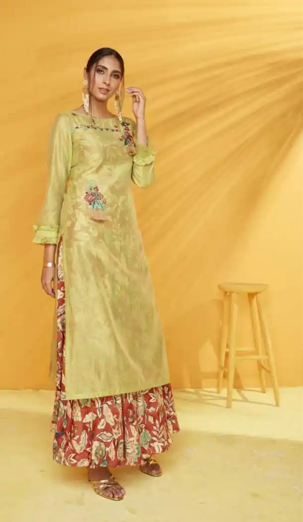 Olive Maroon Color Chenderi Cotton Readymade Party Wear Kurti -692386408