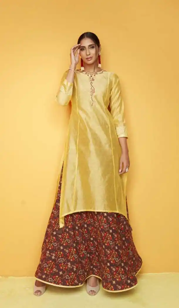 Yellow Maroon Color Chenderi Cotton Readymade Party Wear Kurti -692386410