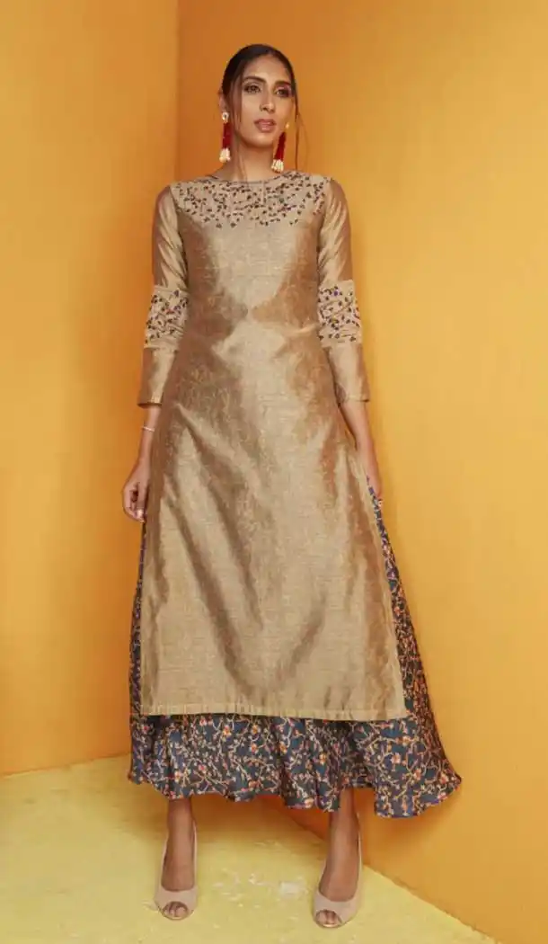 Gold Grey Color Chenderi Cotton Readymade Party Wear Kurti -692386411
